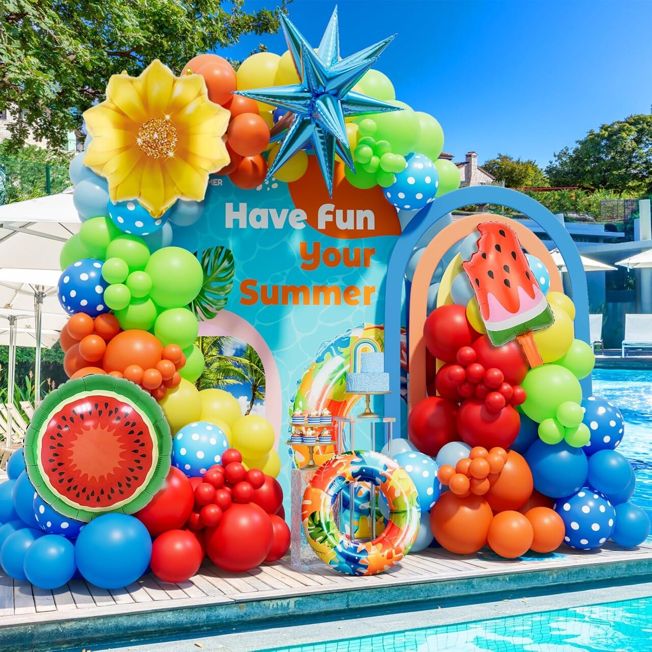 165pcs Summer Tropical Balloon Arch Kit, Pool Beach Party Decorations Hawaiian Luau Party Supplies with Sun Watermelon Explosion Star Foil Balloons for Birthday Baby Shower Party Decorations